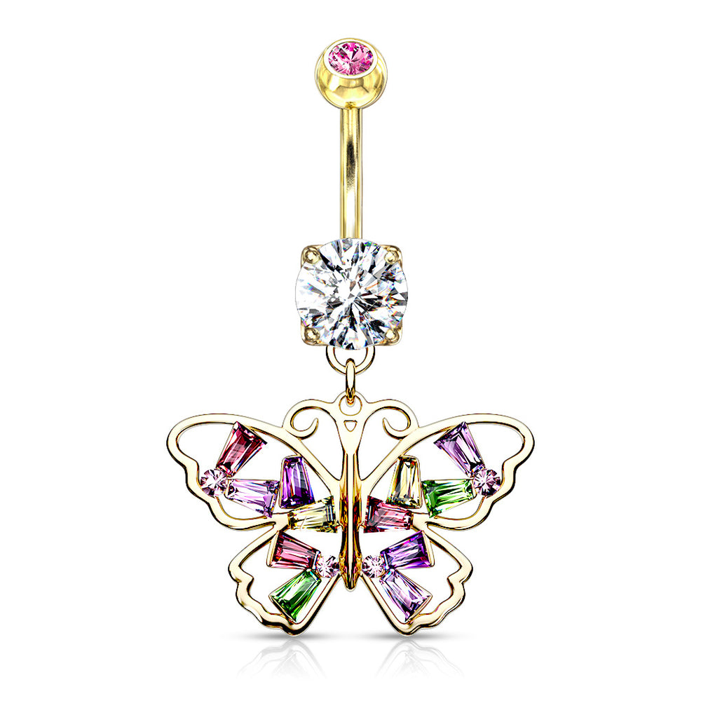 Gold Butterfly with Multi Colored Baguette CZ Wings Dangle Belly Button Ring