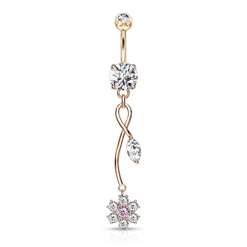 Rose Gold CZ Flower Vine Dangle Belly Button Ring