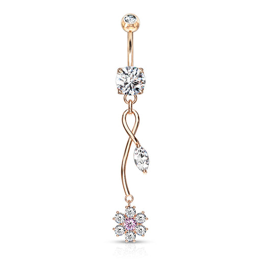 Rose Gold CZ Flower Vine Dangle Belly Button Ring