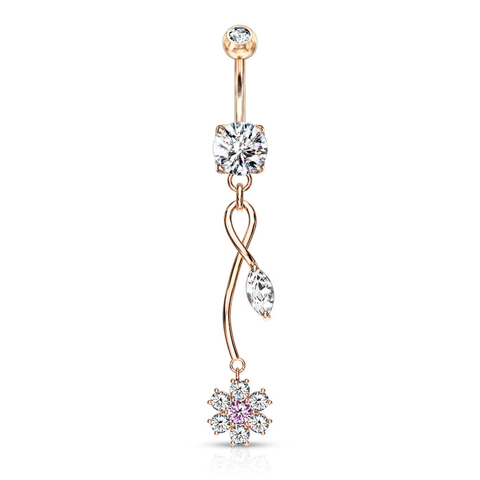 Rose Gold CZ Flower Vine Dangle Belly Button Ring