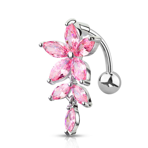 Pink Marquise CZ Flower and Vines Top Drop Belly Button Ring