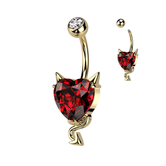 Gold CZ Heart With Devil Horns and Tail Belly Button Ring