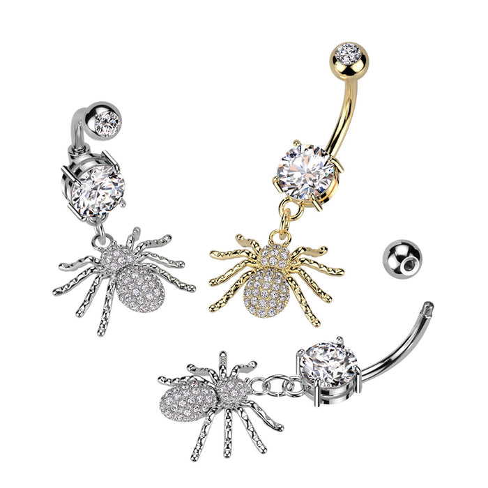 Steel CZ Pave Spider Dangle Belly Button Ring