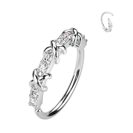 Silver Alternating Pave CZ and Criss Cross Bendable Nose Hoop
