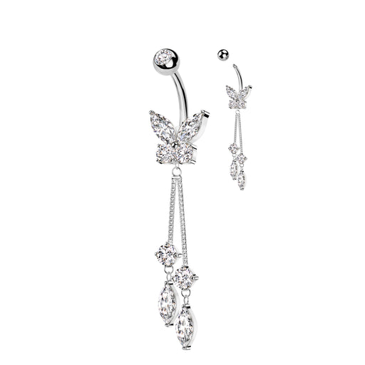 Silver CZ Butterfly With Dangling Round and Marquise Stones Belly Ring