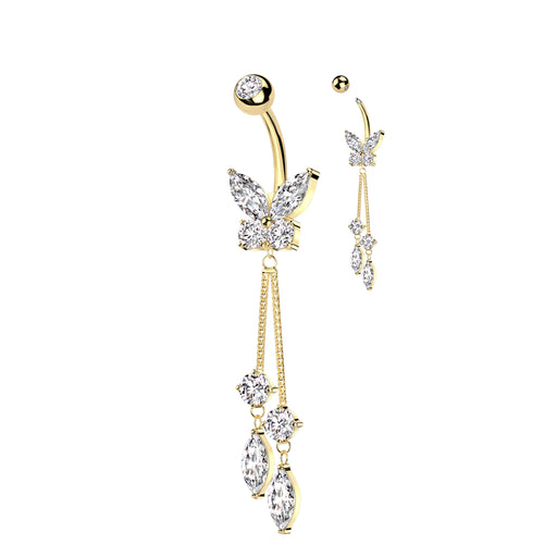 Gold CZ Butterfly With Dangling Round and Marquise Stones Belly Ring
