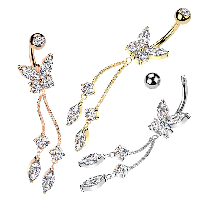 Gold CZ Butterfly With Dangling Round and Marquise Stones Belly Ring