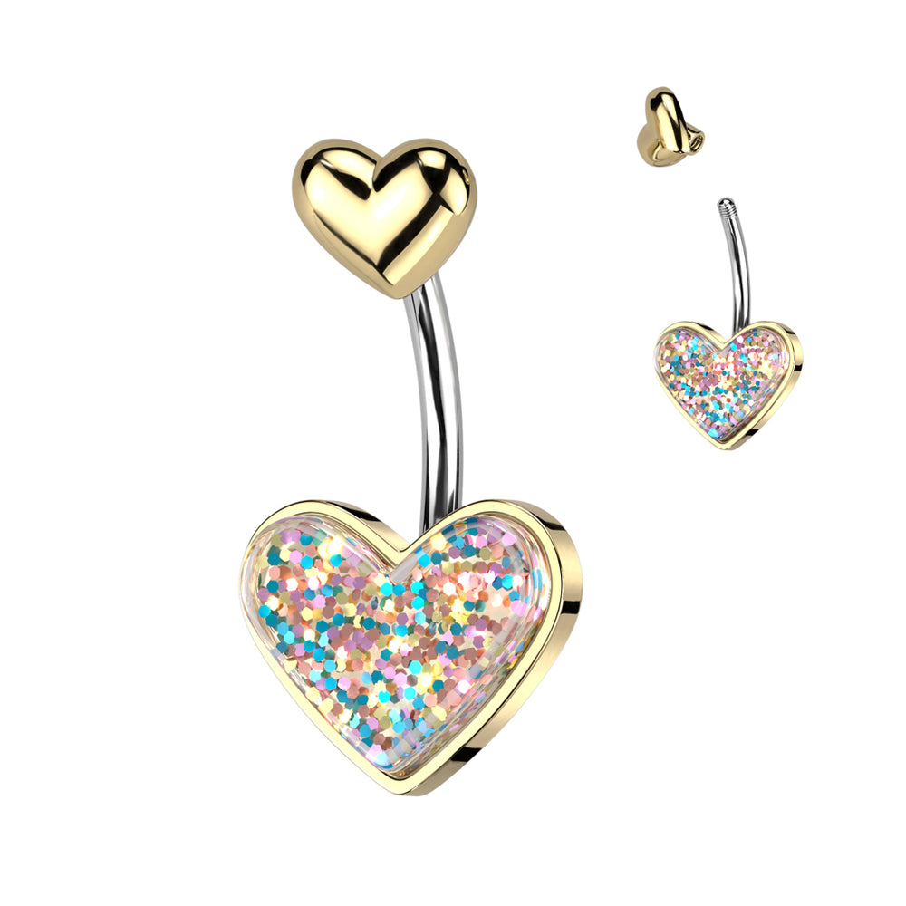 Gold Glitter Heart with Heart Top Belly Ring
