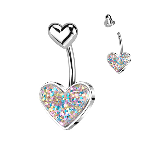 Silver Glitter Heart with Heart Top Belly Ring