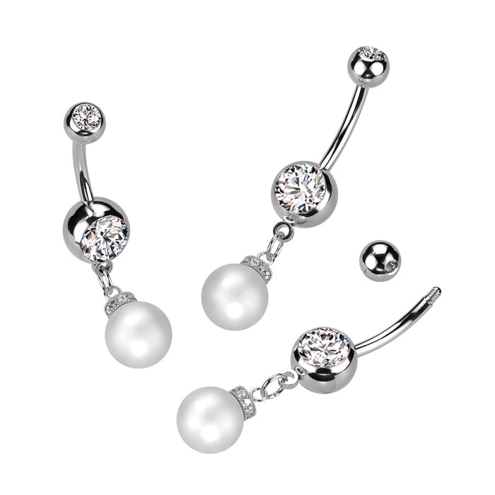 Double Jeweled Gem With Pearl Dangle Belly Button Ring