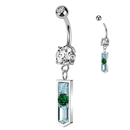Blue and Emerald CZs in a Pointed Baguette Belly Ring