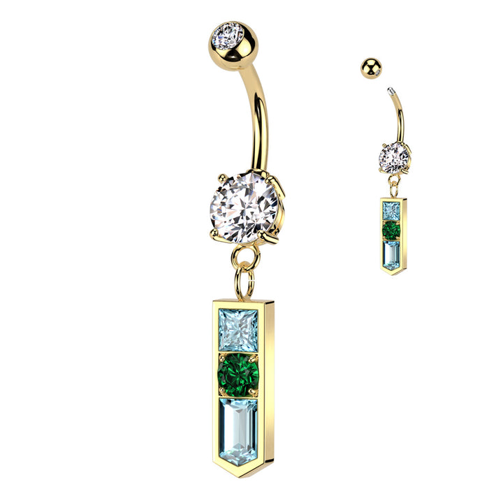 Gold Plated Blue and Emerald CZs in a Pointed Baguette Belly Ring