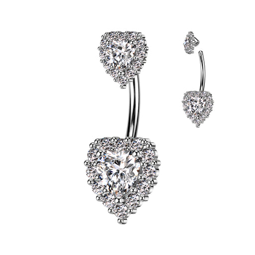 Double CZ Paved Heart Belly Ring