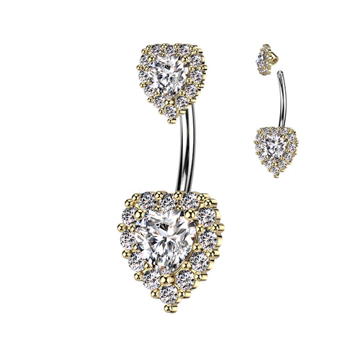 Gold Double CZ Paved Heart Belly Ring