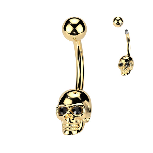 Gold Skull with Black Gem Eyes Belly Ring