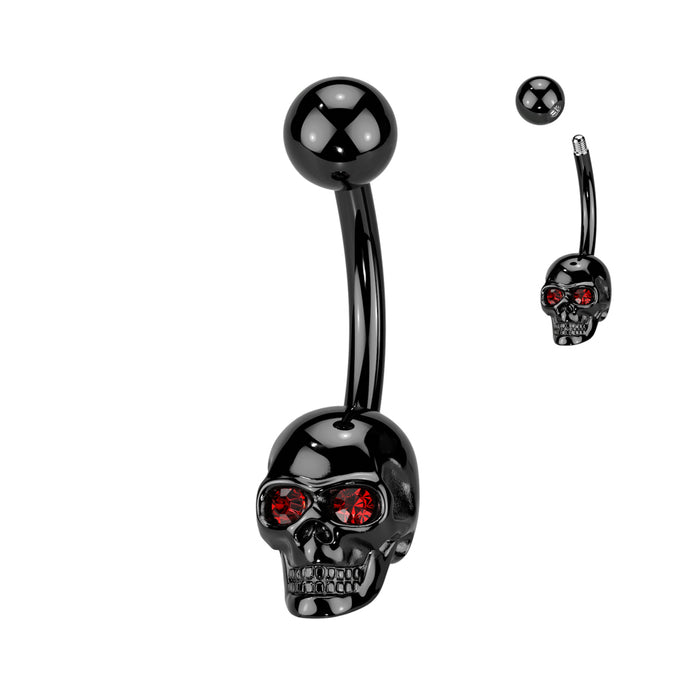 Black Skull with Red Gem Eyes Belly Ring
