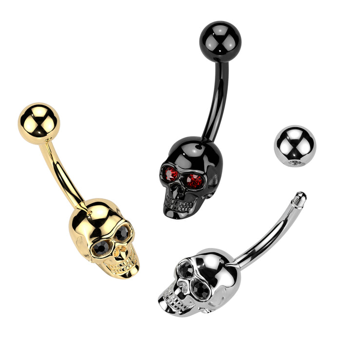 Silver Skull with Red Gem Eyes Belly Ring