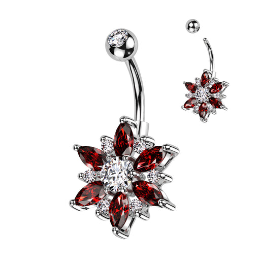 Red Marquise Cut Cubic Zirconia Flower and Petals Belly Ring