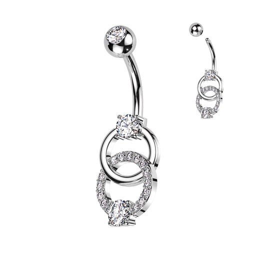 Silver Pave CZ and High Shine Dangle Double Ring Belly Ring