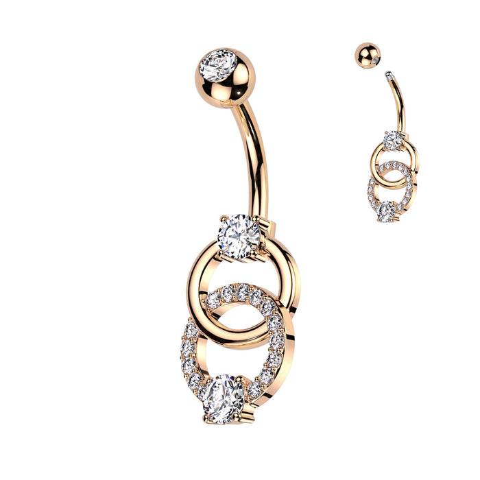 Rose Gold Pave CZ and High Shine Dangle Double Ring Belly Ring
