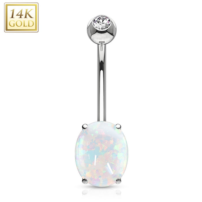 14K Solid White Gold Opal Belly Ring