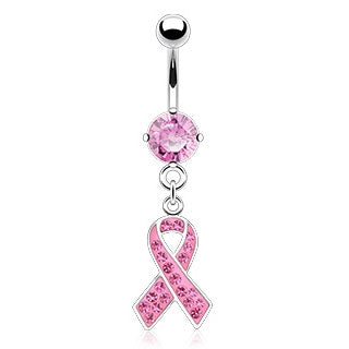 Pink Crystal Awareness Ribbon Dangling Belly Ring