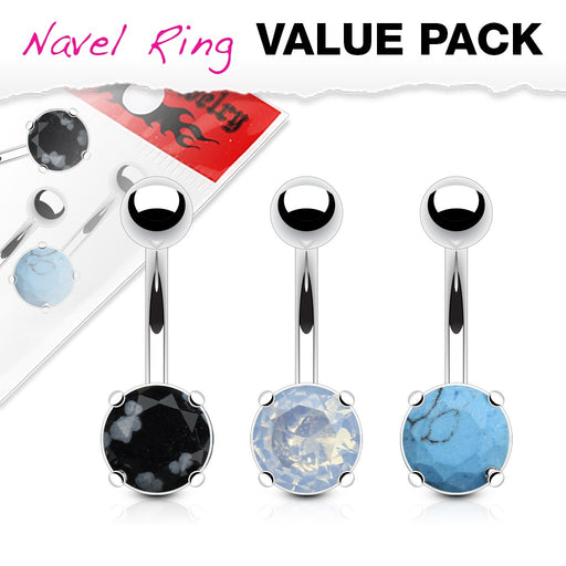 3 Pack Precious Stone Belly Rings