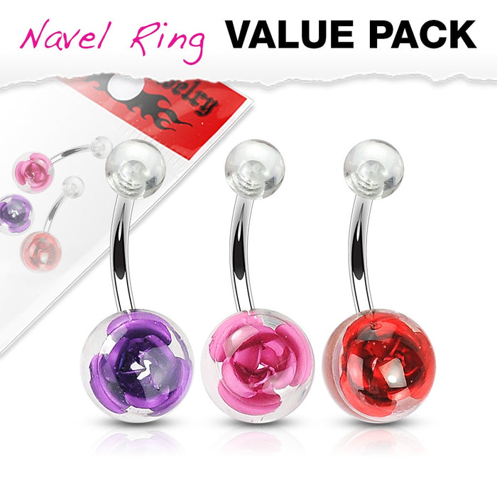 3 Pack Metal Rose Acrylic Ball Belly Rings
