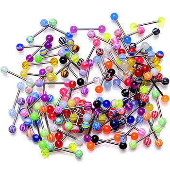 Set of 100 - 14G Stainless Steel Barbell Multicolor Acrylic Tongue Rings