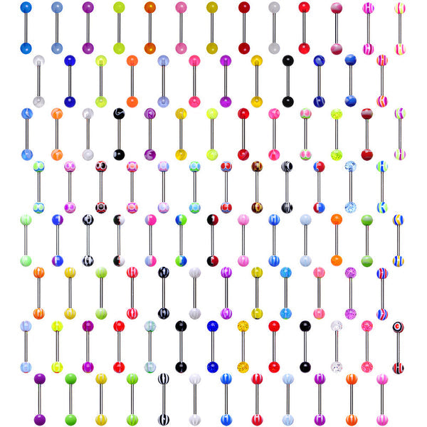 Set of 100 - 14G Stainless Steel Barbell Multicolor Acrylic Tongue Rings