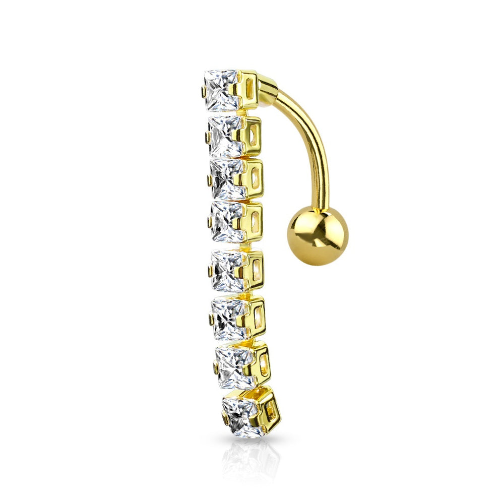 8 Square CZ Top Drop Belly Ring - Gold Plated