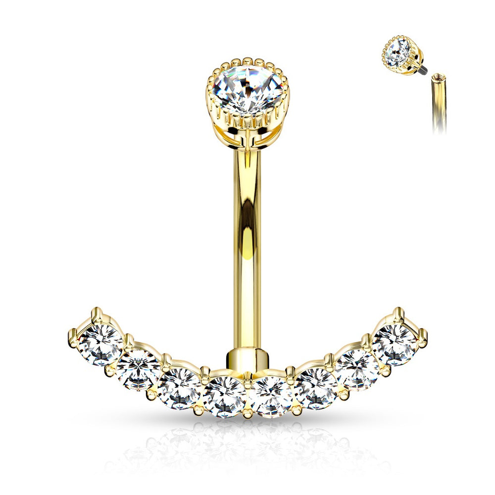 CZ Curved Internally Threaded Belly Ring - Gold Plated
