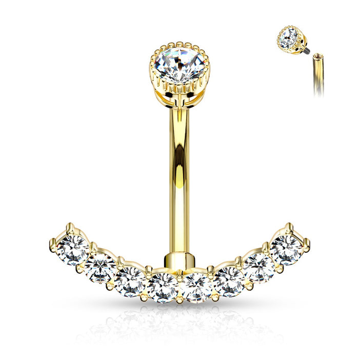 CZ Curved Internally Threaded Belly Ring - Gold Plated