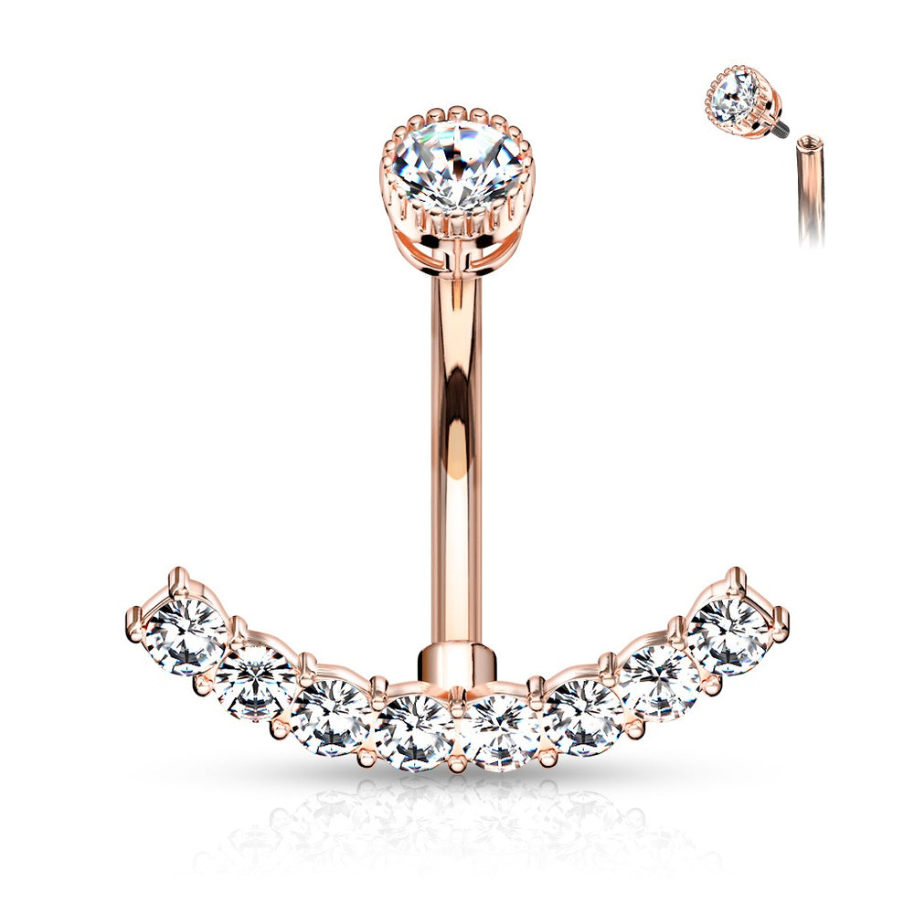 CZ Curved Internally Threaded Belly Ring - Rose Gold