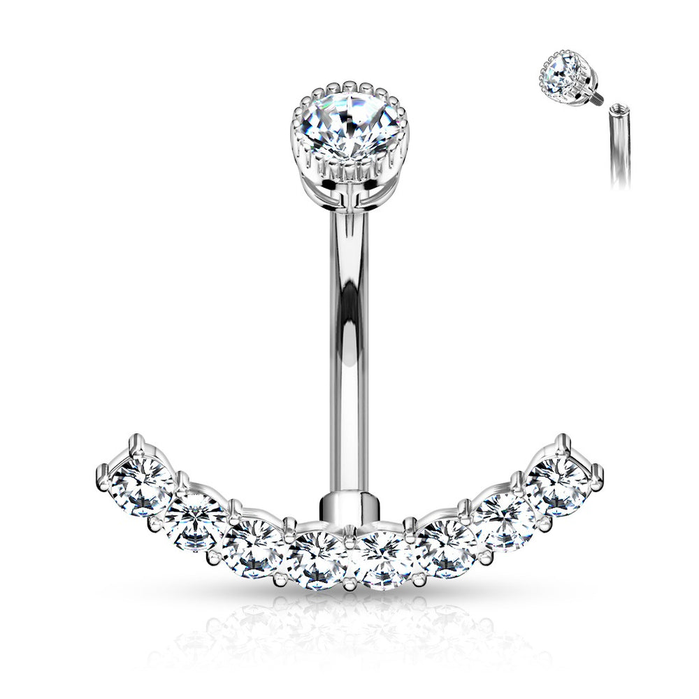 CZ Curved Internally Threaded Belly Ring - Silver