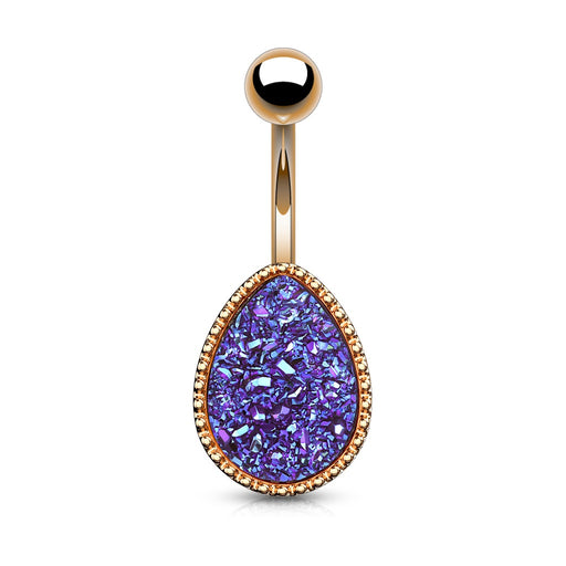Tear Drop Rose Gold Druzy Stone Purple Belly Ring