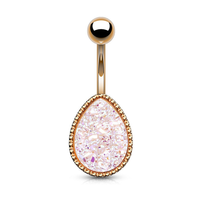 Tear Drop Rose Gold Druzy Stone White Belly Ring