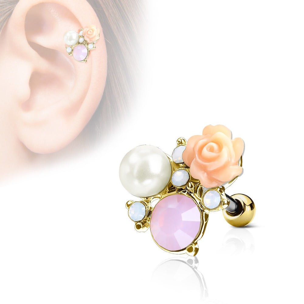 Flower and Opalite with Pearl Cartilage Ring - Gold Plated