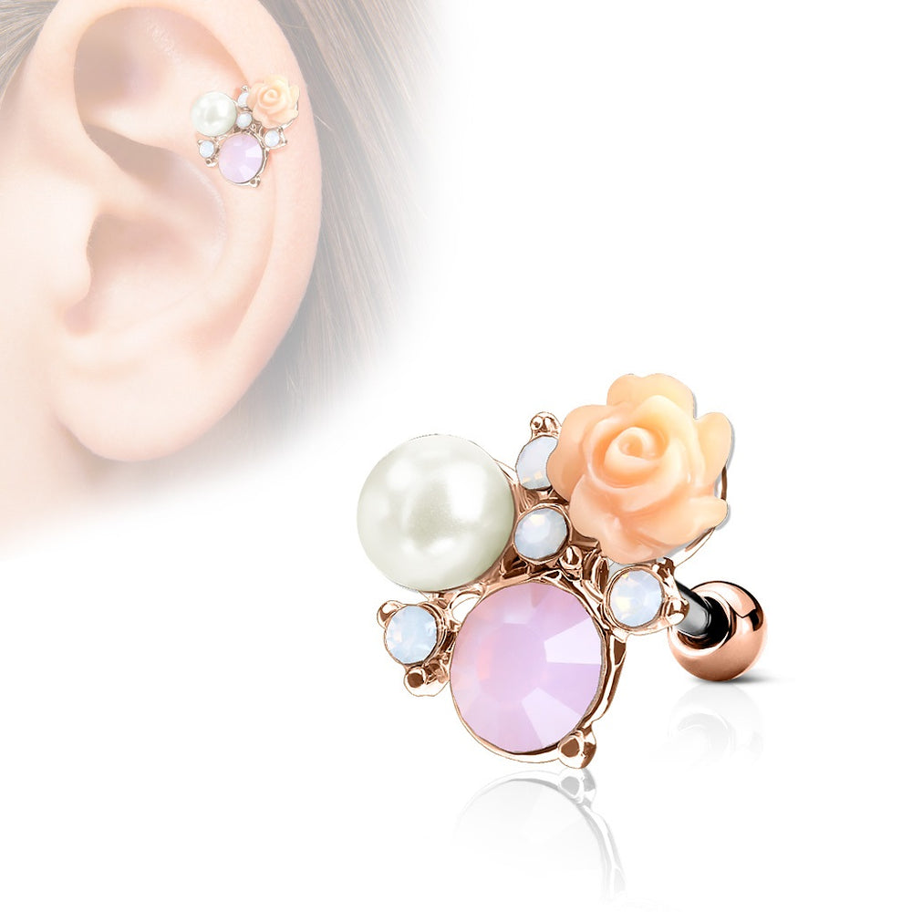 Flower and Opalite with Pearl Cartilage Ring - Rose Gold