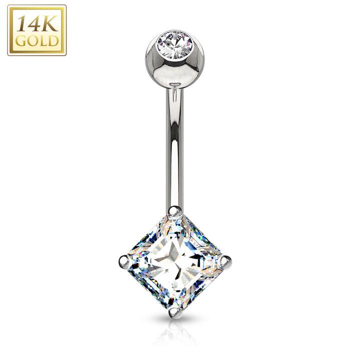 14 KT Solid White Gold Princess Cut Belly Ring