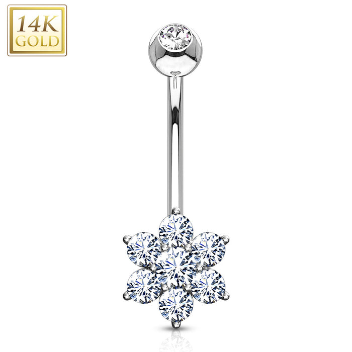 14K Flower CZ Clear Solid White Gold Belly Ring