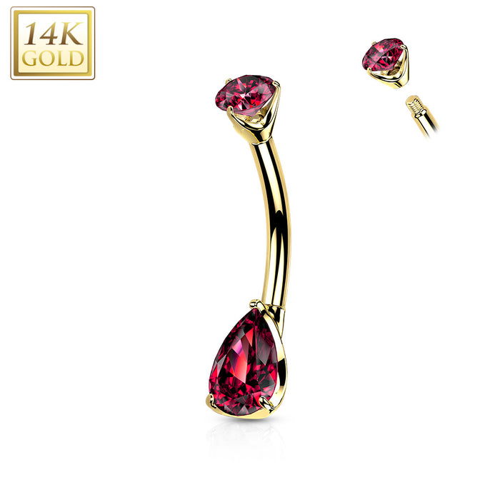 14k Teardrop Solid Gold Red CZ Prong Set Belly Ring