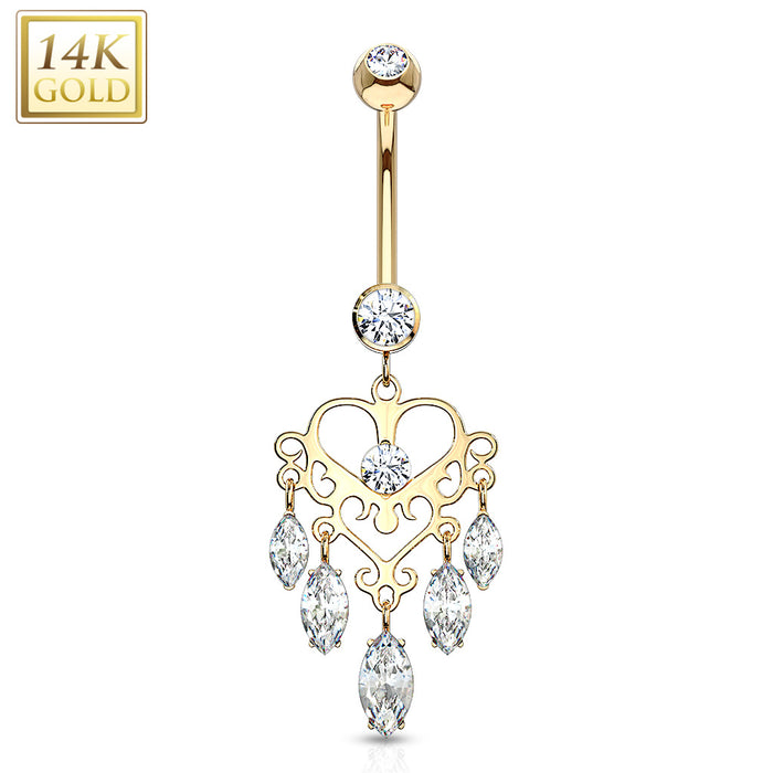 14K Chandelier Heart CZ Dangle Marquise Solid Gold Belly Ring