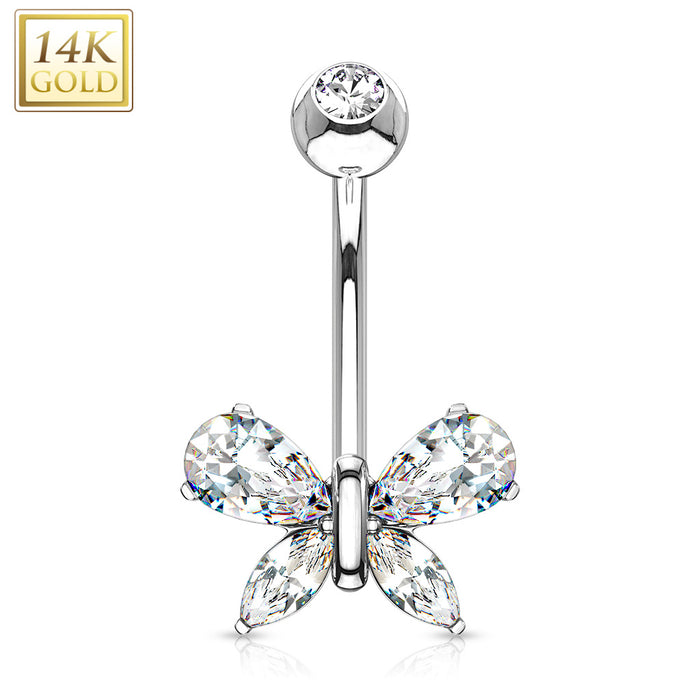 14K Teardrop Marquise Butterfly CZ White Gold Belly Ring
