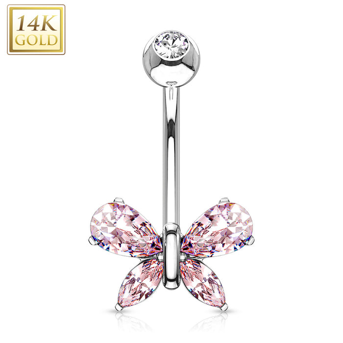 14K Teardrop Marquise Butterfly CZ Pink White Gold Belly Ring