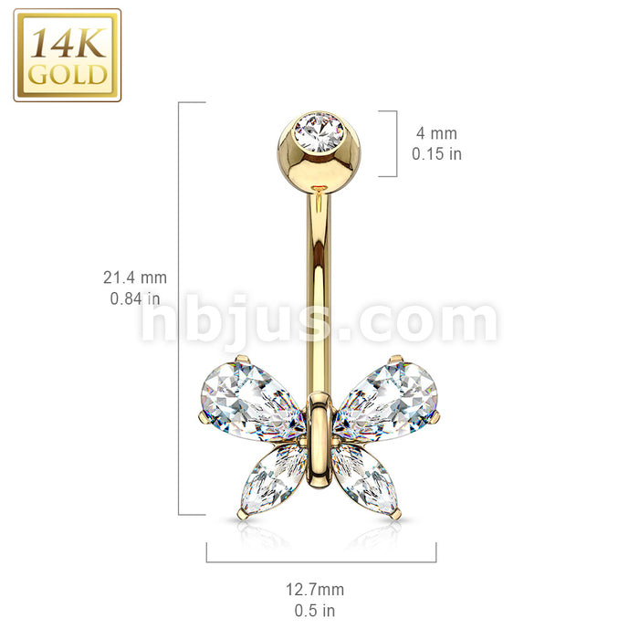 14K Teardrop Marquise Butterfly CZ Pink Solid Gold Belly Ring