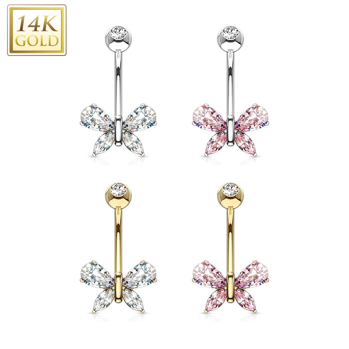 14K Teardrop Marquise Butterfly CZ Pink Solid Gold Belly Ring