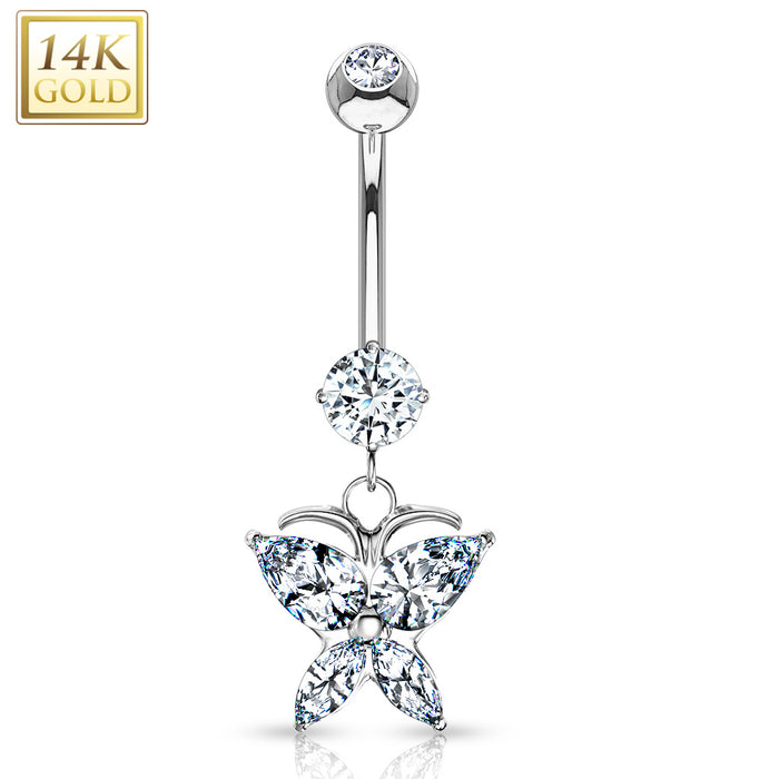 14K Marquise Butterfly CZ Solid White Gold Belly Ring