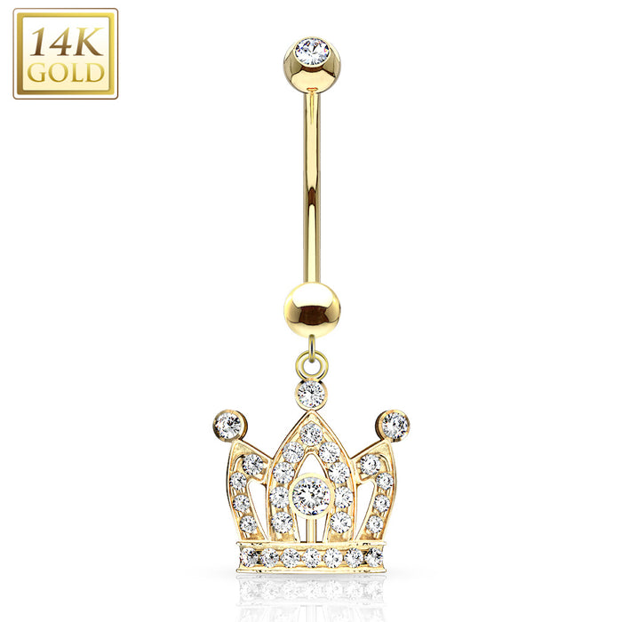 14K Gem Paved Crown Dangle Solid Gold Belly Ring - PRE-ORDER