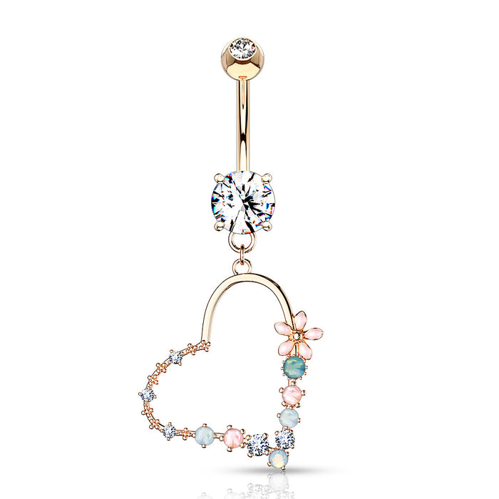 Rose Gold Heart with Flowers and Opalite Belly Ring